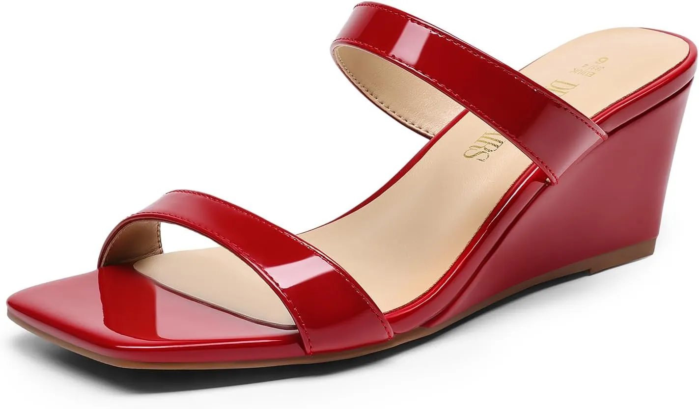 DREAM PAIRS Women Slides Wedge Sandals Square Open Toe Dress Casual Strappy Shoes