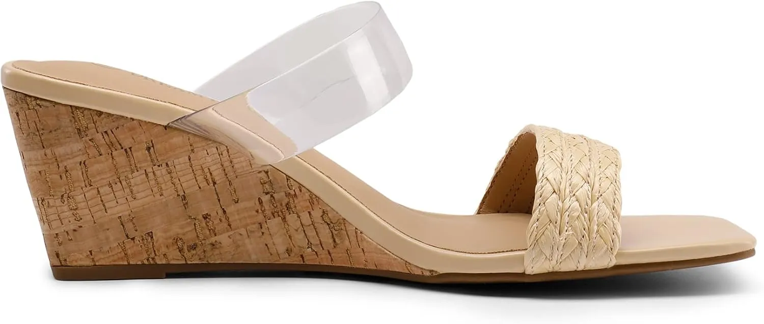 DREAM PAIRS Women Slides Wedge Sandals Square Open Toe Dress Casual Strappy Shoes