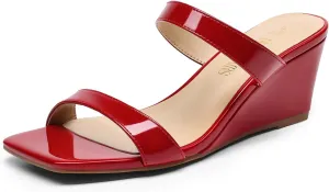 DREAM PAIRS Women Slides Wedge Sandals Square Open Toe Dress Casual Strappy Shoes
