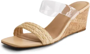 DREAM PAIRS Women Slides Wedge Sandals Square Open Toe Dress Casual Strappy Shoes