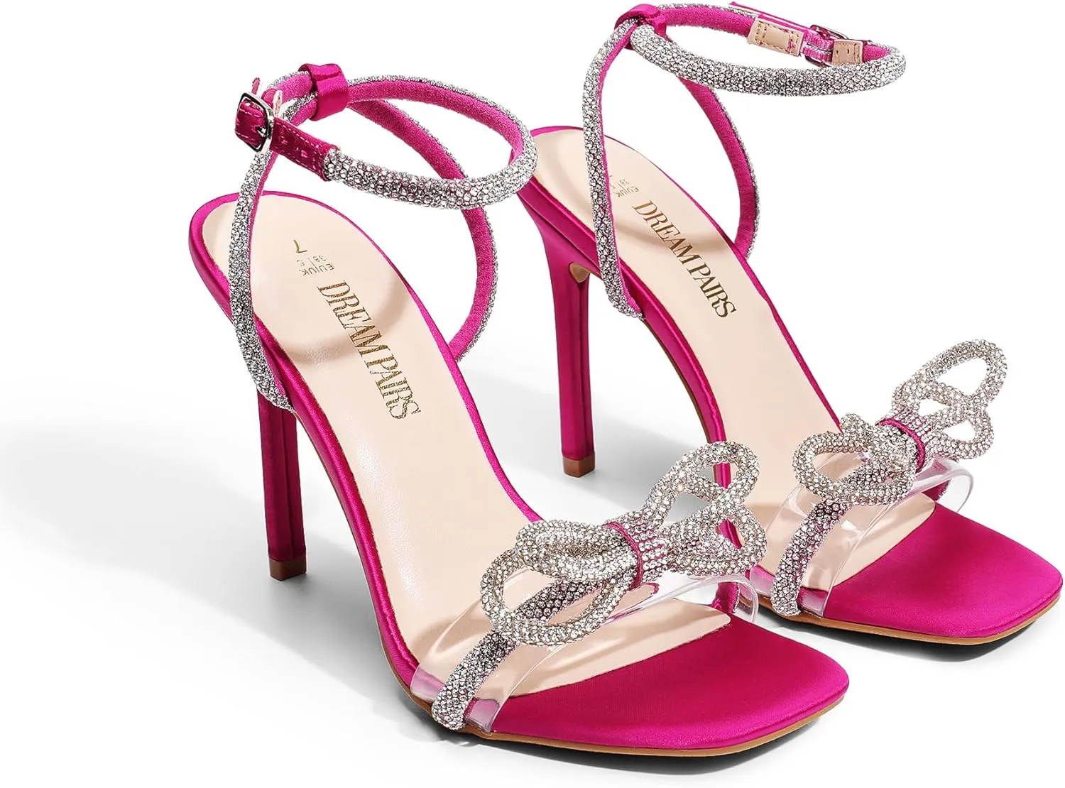 DREAM PAIRS Women's Double Bowknots Crystal Sandals Clear Slingback Heels Square Toe Shoes for Party Wedding