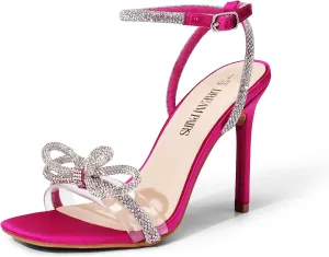 DREAM PAIRS Women's Double Bowknots Crystal Sandals Clear Slingback Heels Square Toe Shoes for Party Wedding