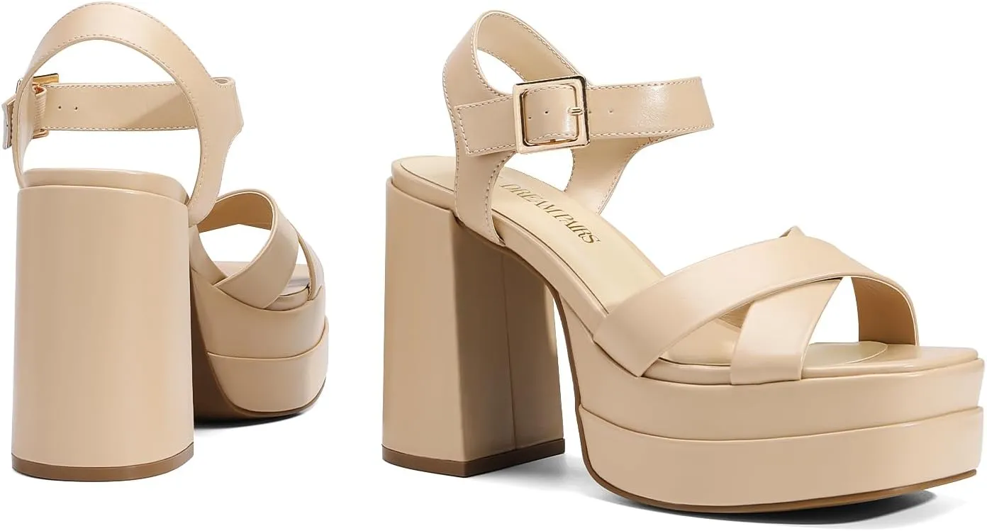 DREAM PAIRS Women's Platform Chunky Heels Square Open Toe Ankle Strap High Heeled Sandals Y2K Shoes for Party Brunch