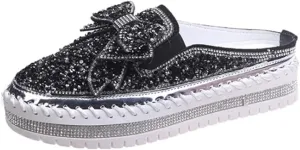 EaGo Women Shining Rhinestone Slip-on Loafers with Cute Bowknot