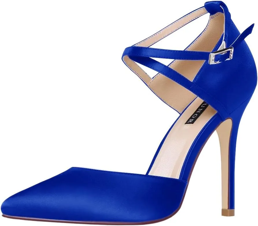 ERIJUNOR Women High Heel Ankle Strap Satin Dress Pumps Evening Prom Wedding Shoes