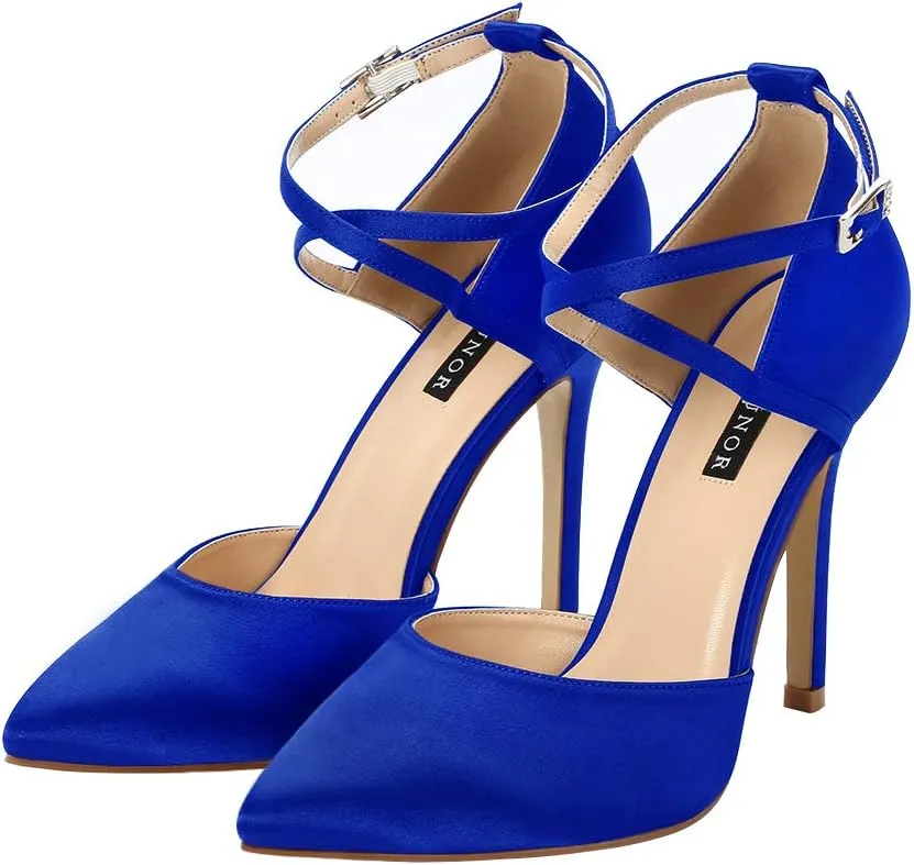 ERIJUNOR Women High Heel Ankle Strap Satin Dress Pumps Evening Prom Wedding Shoes
