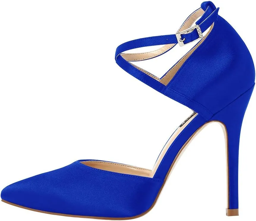 ERIJUNOR Women High Heel Ankle Strap Satin Dress Pumps Evening Prom Wedding Shoes