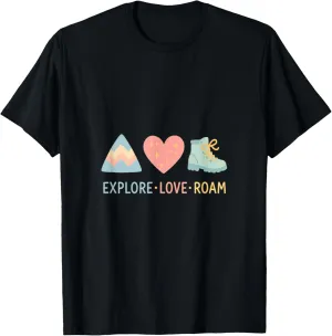 Explore Love Roam Peaceful Mountain Heart Boots Pastel Icons T-Shirt