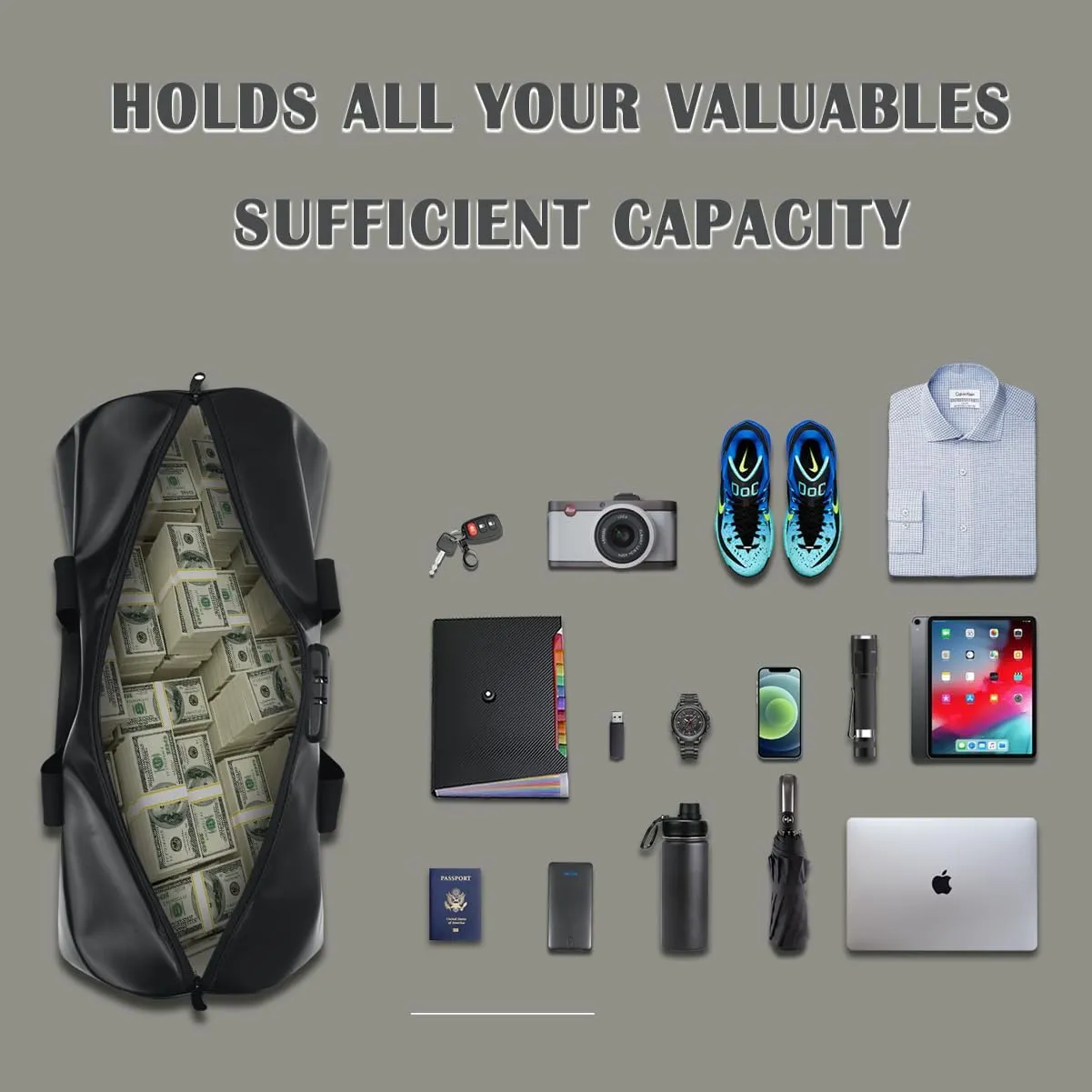 fireproof waterproof travel duffle bag,fireproof bag with lock，Waterproof is suitable for indoor storage, travel, camping and other scenarios (black, 17 * 10 * 8.6 inch)