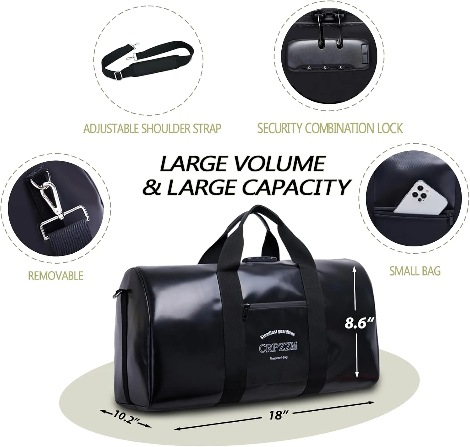 fireproof waterproof travel duffle bag,fireproof bag with lock，Waterproof is suitable for indoor storage, travel, camping and other scenarios (black, 17 * 10 * 8.6 inch)