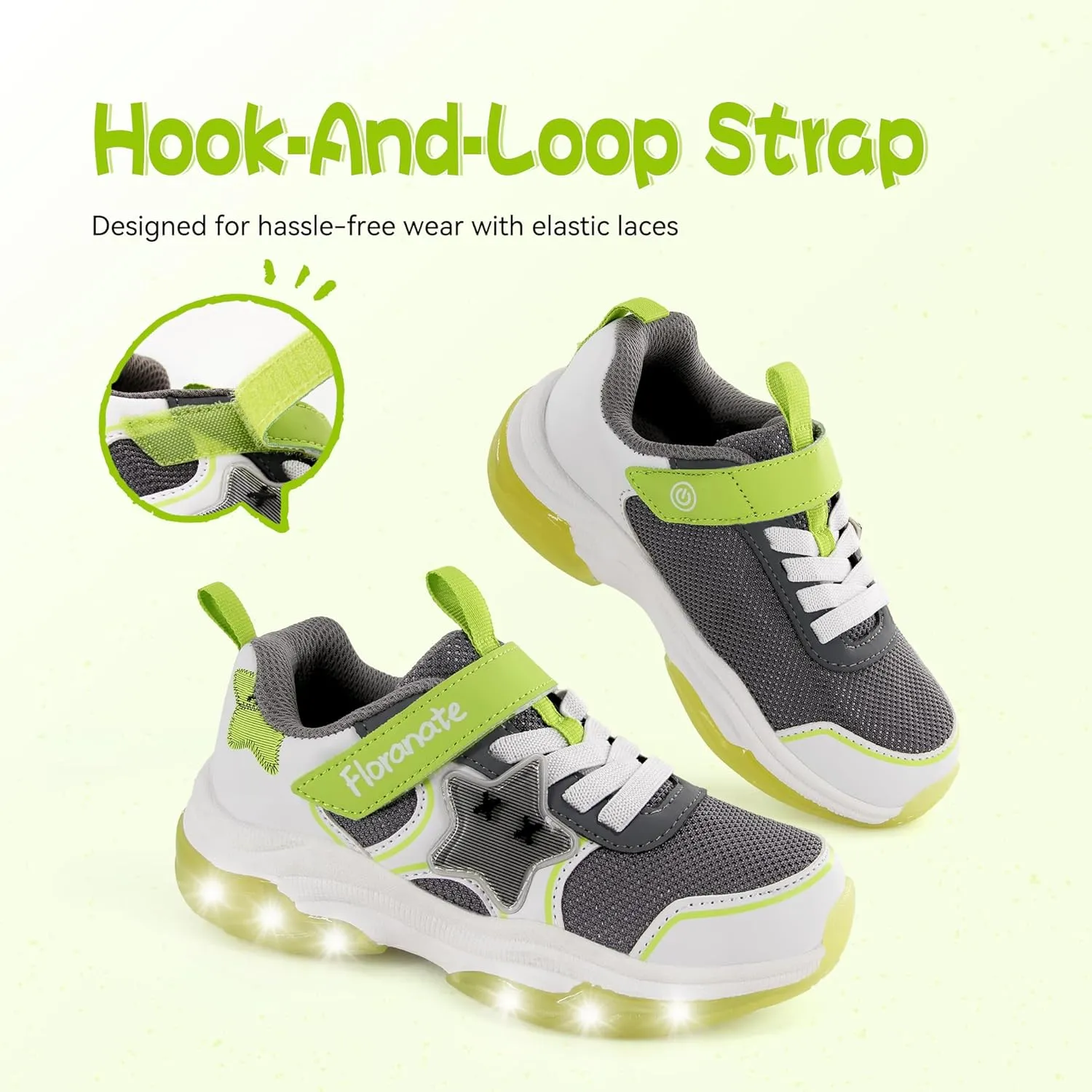 Floranate Little Kids Light Up Shoes for Girls Boys Tennis Sneakers with Switch Strap Walking Shoes Athletic Footwear Toddler Size 10 to Size 2 Lightweight