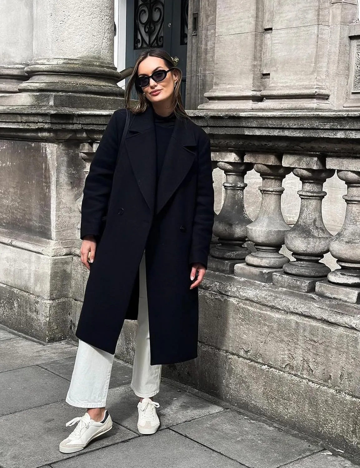 Flygo Womens Long Pea Coat Double Breasted Notch Lapel Trench Coat Office Work Peacoat Jacket Dress Coat
