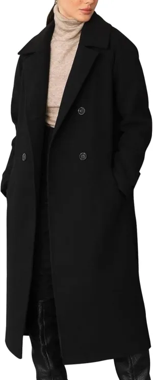 Flygo Womens Long Pea Coat Double Breasted Notch Lapel Trench Coat Office Work Peacoat Jacket Dress Coat