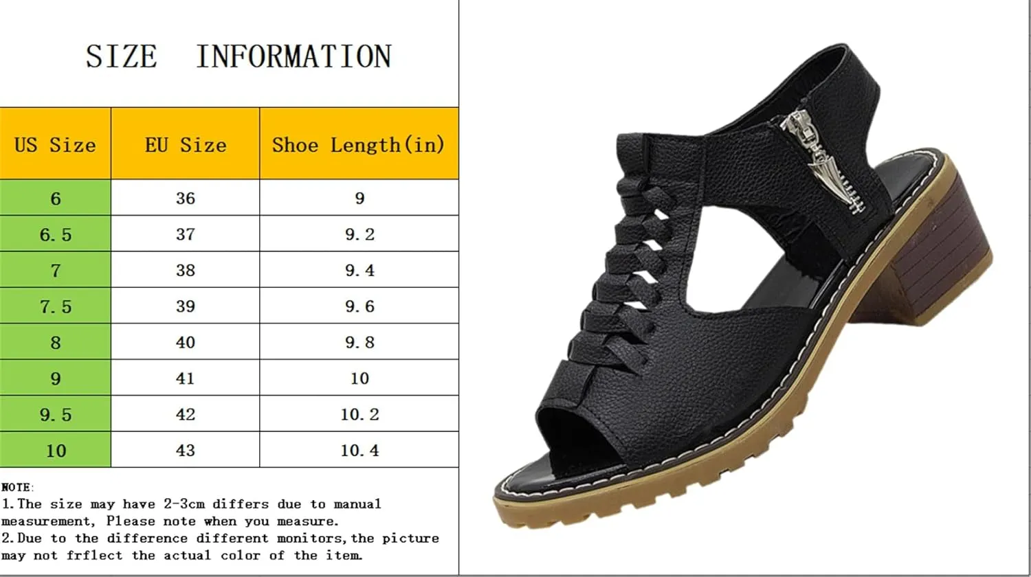 Funfany Women's Orthotic Sandals, Peep Toe Cutout Zipper Chunky Heeled Sandal, Summer Side Zipper Thick Sole Wedge Shoes