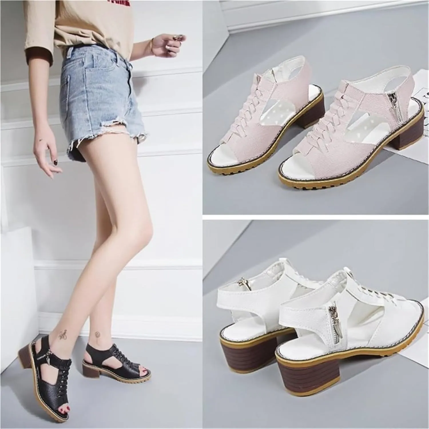 Funfany Women's Orthotic Sandals, Peep Toe Cutout Zipper Chunky Heeled Sandal, Summer Side Zipper Thick Sole Wedge Shoes