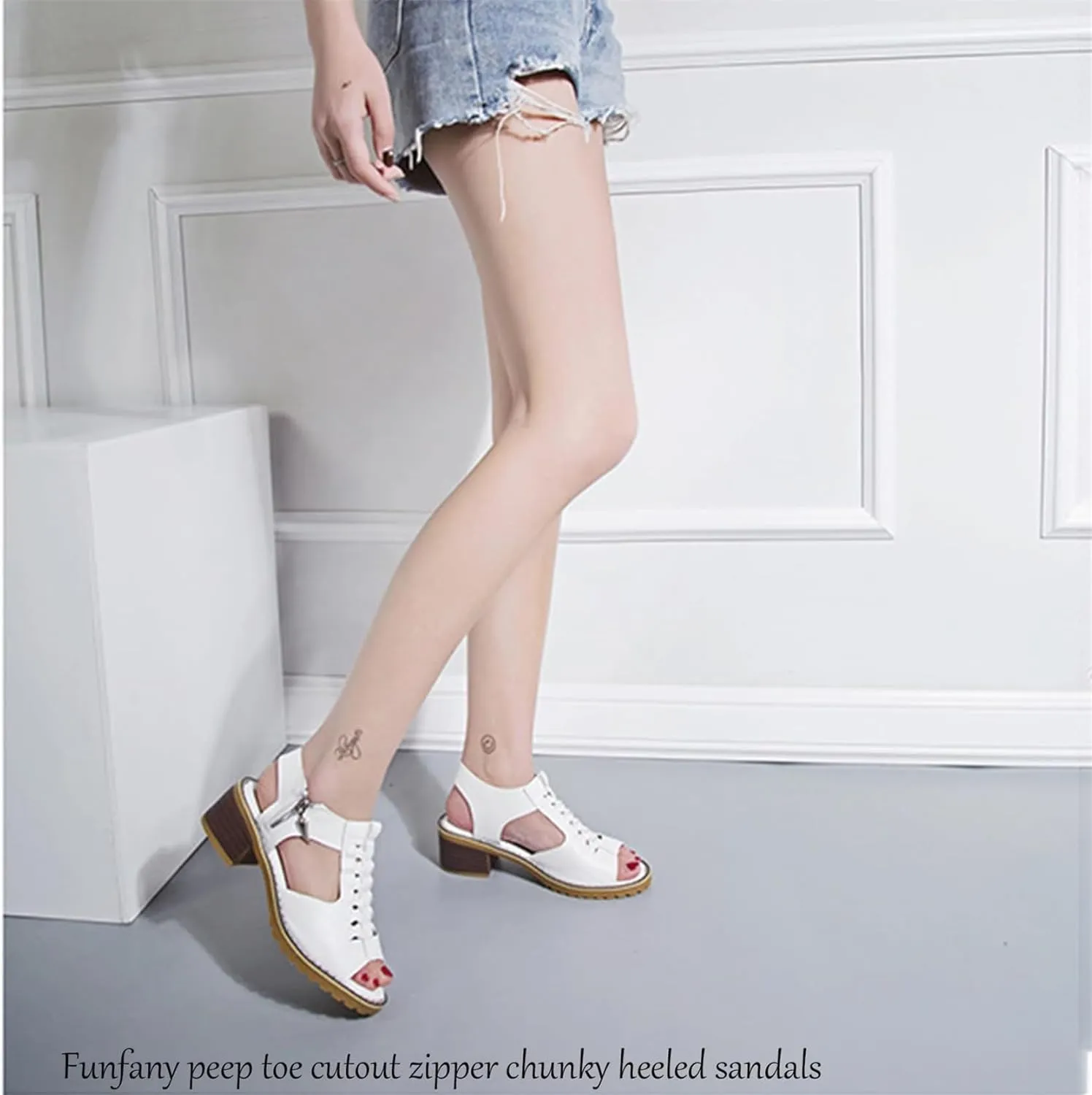 Funfany Women's Orthotic Sandals, Peep Toe Cutout Zipper Chunky Heeled Sandal, Summer Side Zipper Thick Sole Wedge Shoes