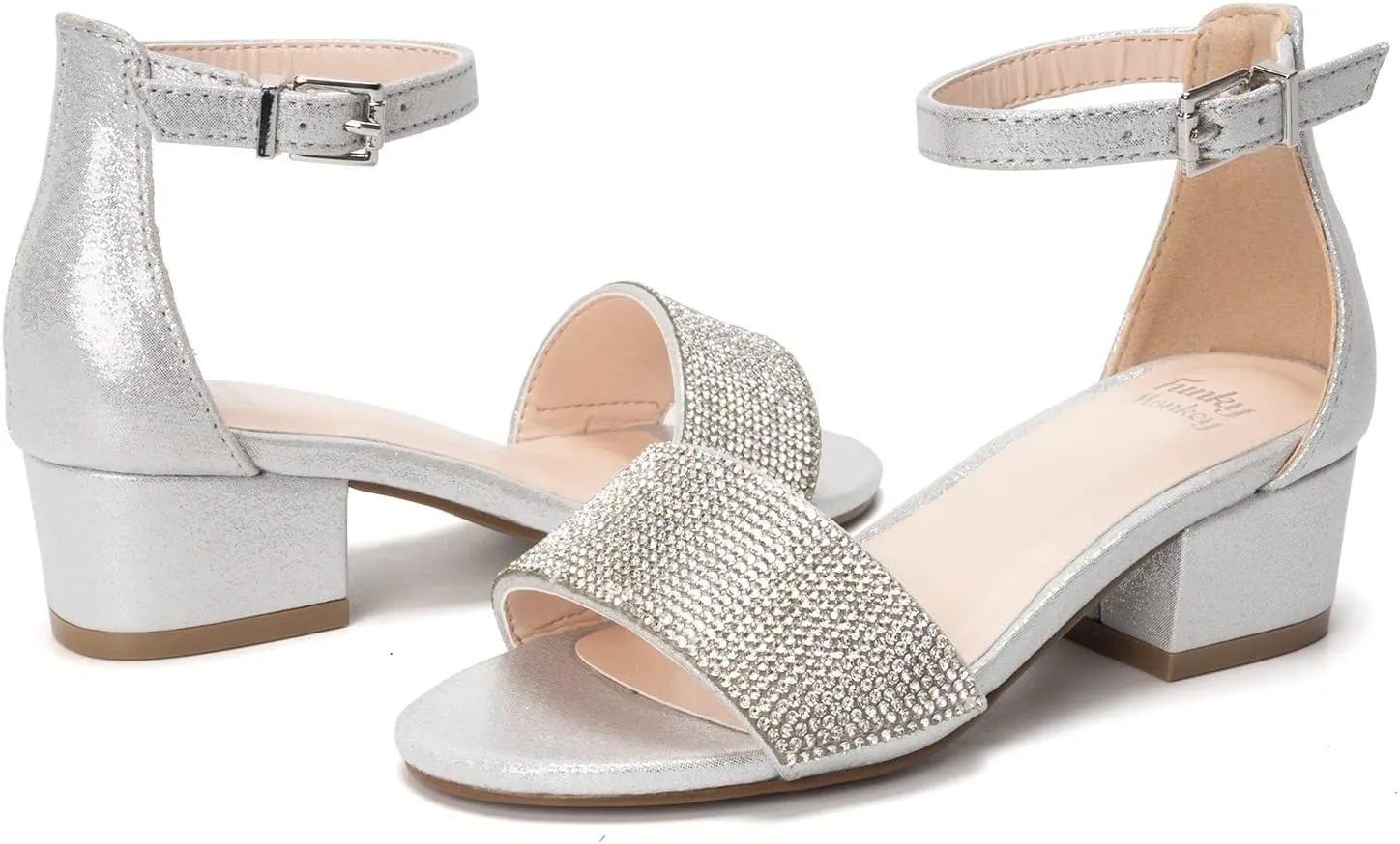 FUNKYMONKEY Girls Low Heels Sandals Open Toes with Ankle Strap Rhinestone Dress Shoes for Kids