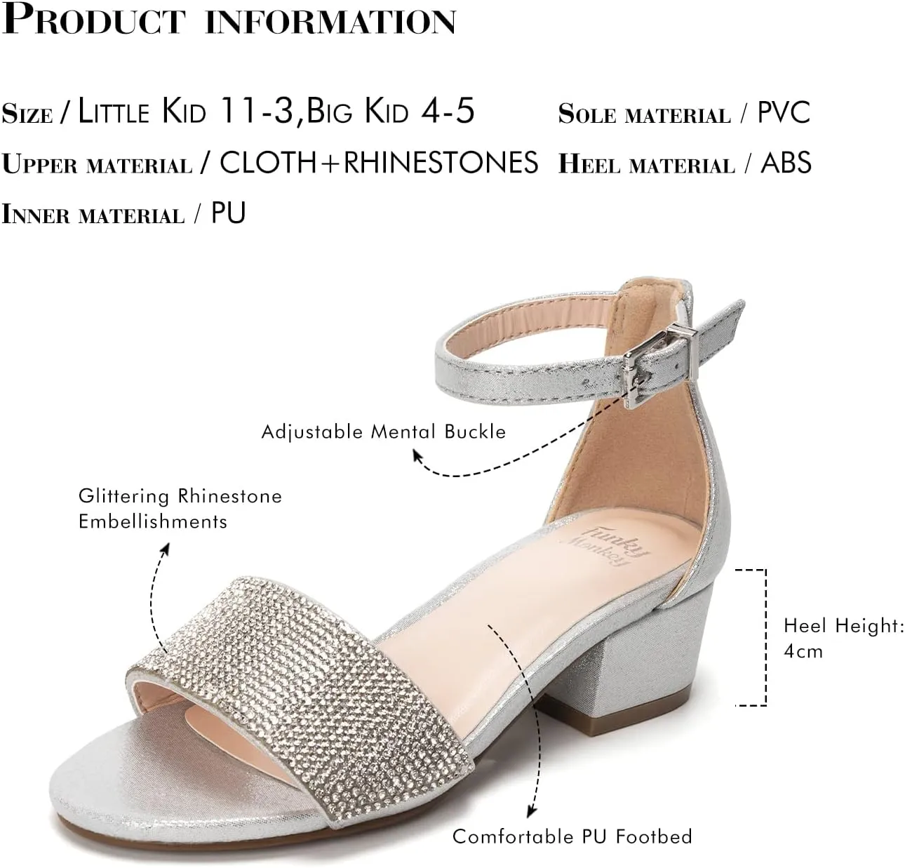 FUNKYMONKEY Girls Low Heels Sandals Open Toes with Ankle Strap Rhinestone Dress Shoes for Kids