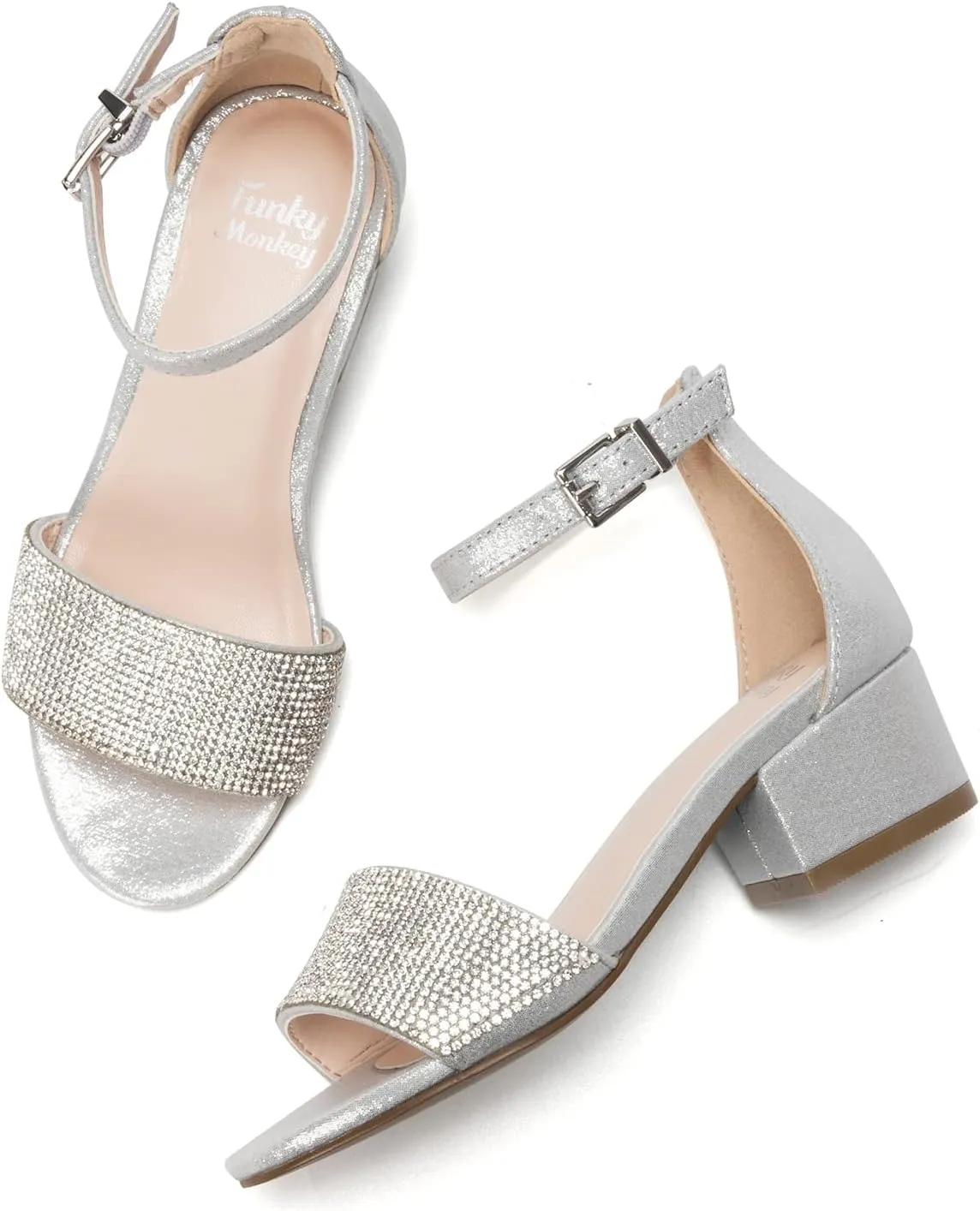 FUNKYMONKEY Girls Low Heels Sandals Open Toes with Ankle Strap Rhinestone Dress Shoes for Kids