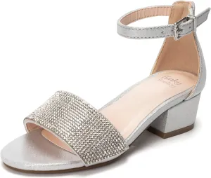 FUNKYMONKEY Girls Low Heels Sandals Open Toes with Ankle Strap Rhinestone Dress Shoes for Kids