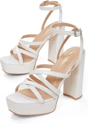 GENSHUO Women's Chunky Platform High Heels Block Heeled Sandals Open Square Toe Ankle Strap Dress Wedding Party Sandal Shoes