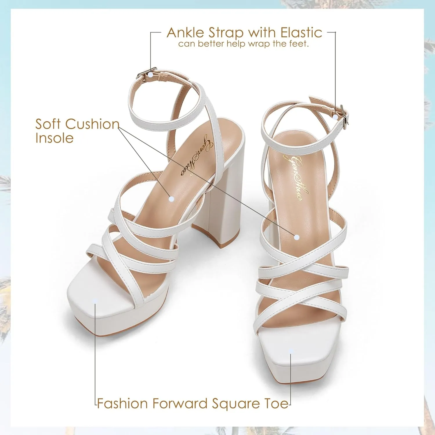 GENSHUO Women's Chunky Platform High Heels Block Heeled Sandals Open Square Toe Ankle Strap Dress Wedding Party Sandal Shoes