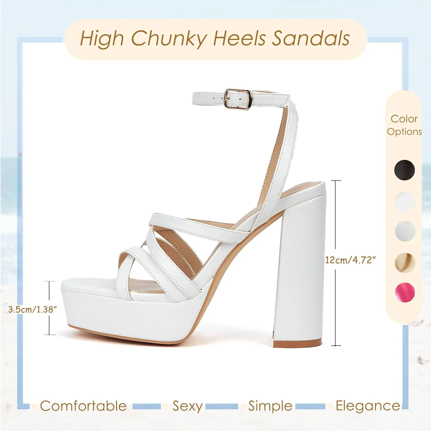 GENSHUO Women's Chunky Platform High Heels Block Heeled Sandals Open Square Toe Ankle Strap Dress Wedding Party Sandal Shoes