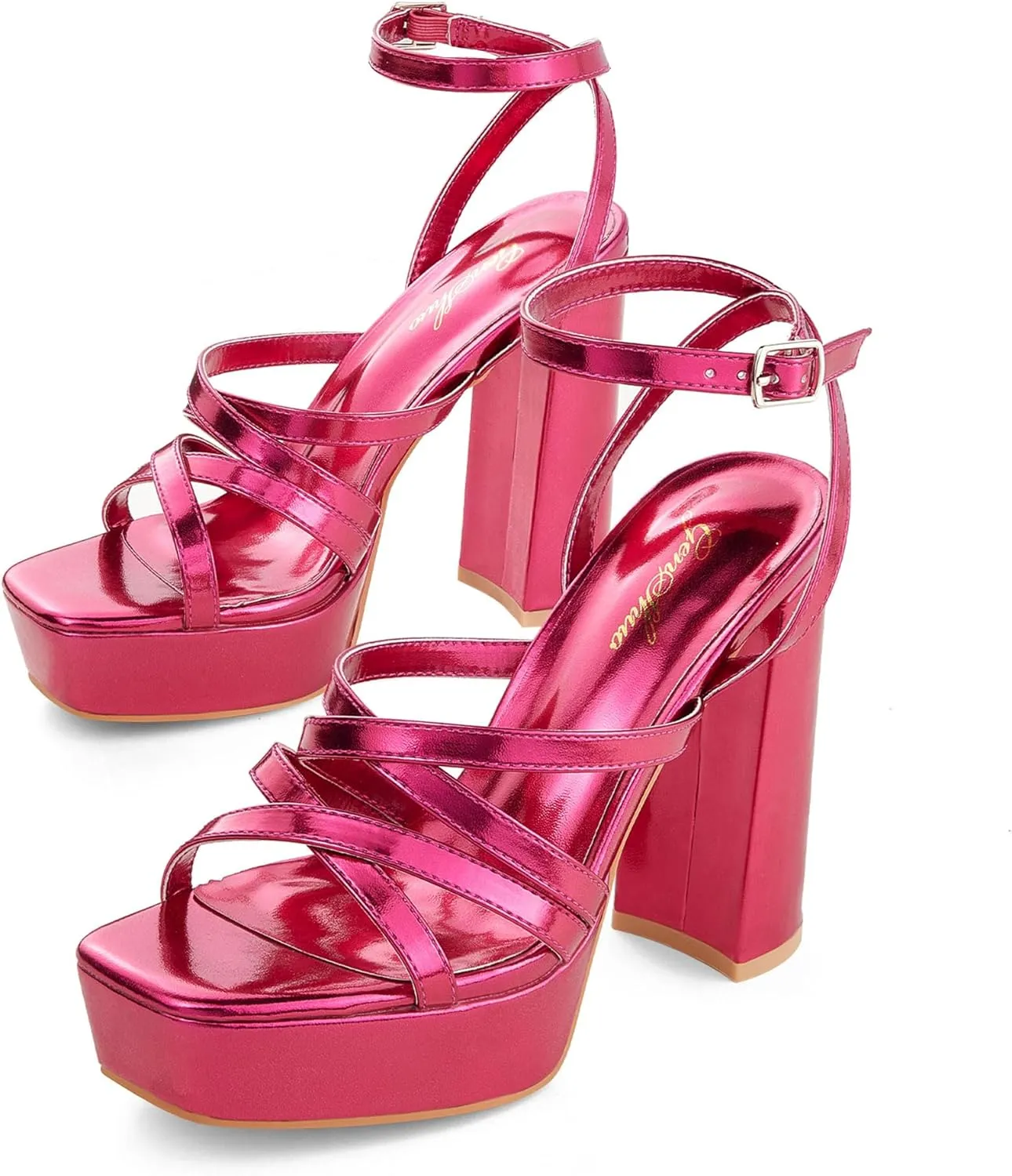 GENSHUO Women's Chunky Platform High Heels Block Heeled Sandals Open Square Toe Ankle Strap Dress Wedding Party Sandal Shoes