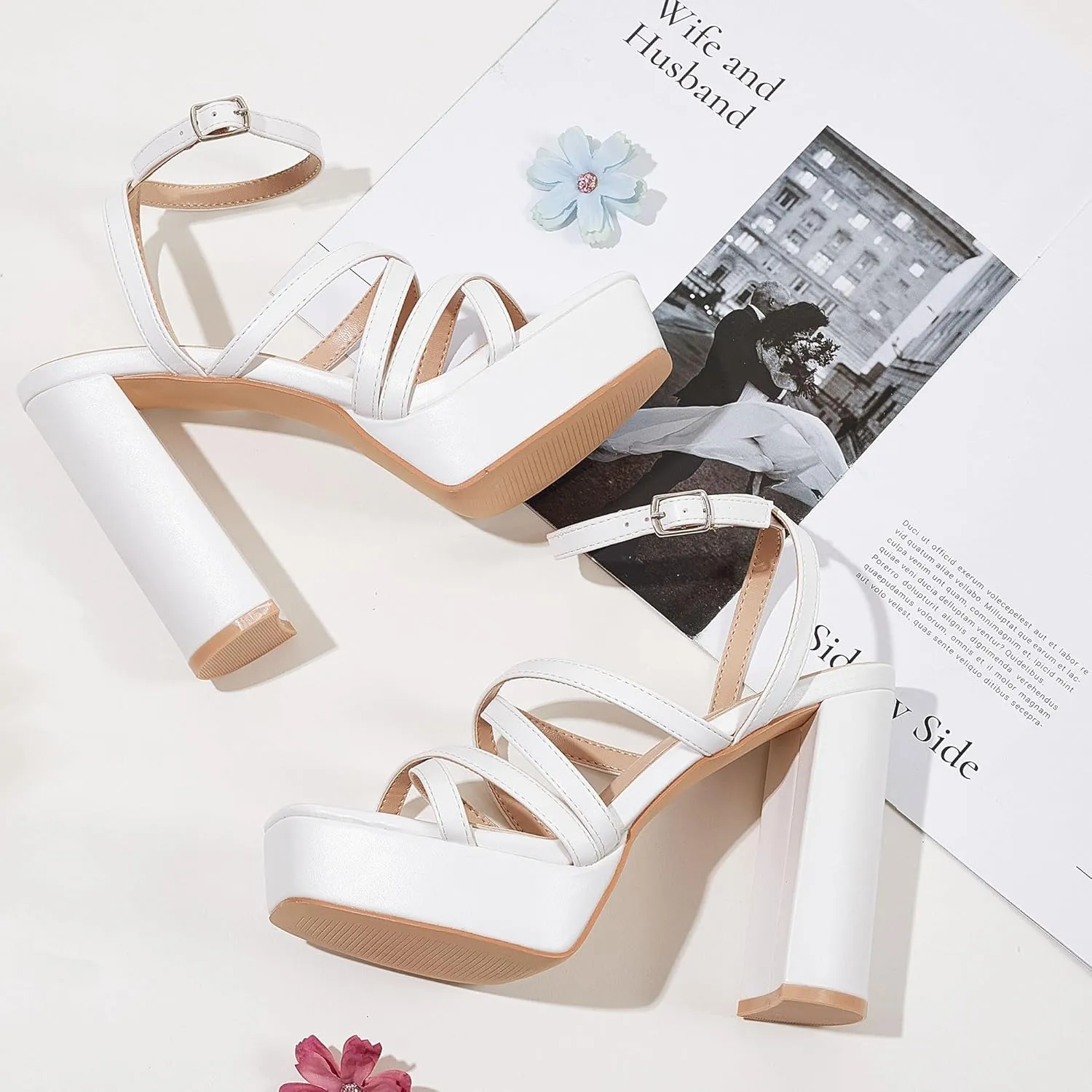 GENSHUO Women's Chunky Platform High Heels Block Heeled Sandals Open Square Toe Ankle Strap Dress Wedding Party Sandal Shoes