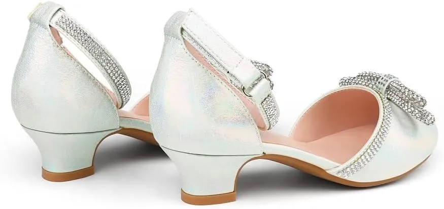 Girl's Rhinestone Bow Heels Princess Shoes Wedding Party Sandals Pumps for Kids