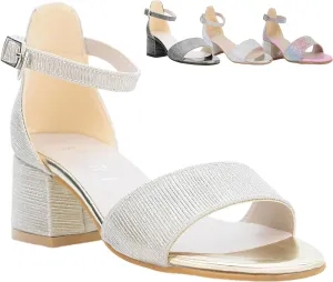 Girls Textured Block Heel Sandals with Ankle Strap - Elegant Shoes for Weddings and Events