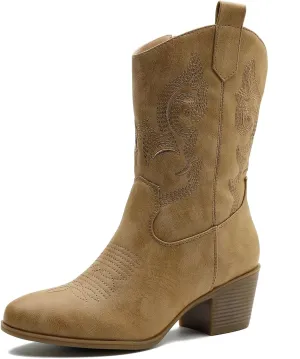 GLOBALWIN Women's Mid Calf The Western Cowgirl Boots Fashion Cowboy Boots For Women Chunky Low Heel
