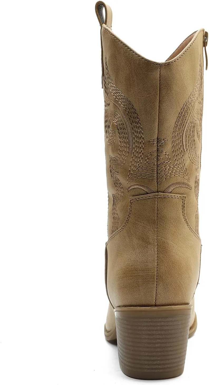 GLOBALWIN Women's Mid Calf The Western Cowgirl Boots Fashion Cowboy Boots For Women Chunky Low Heel