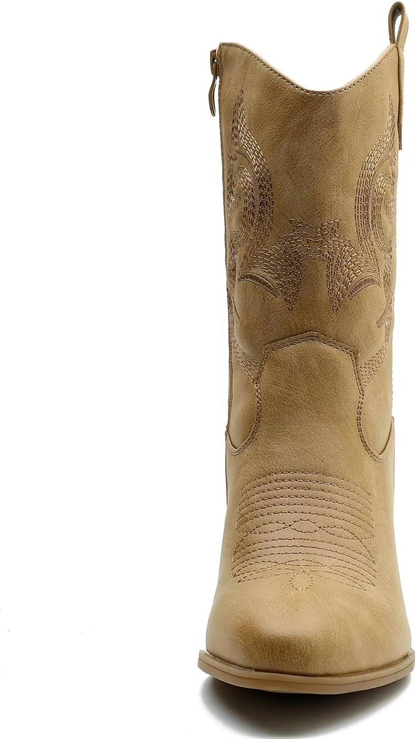 GLOBALWIN Women's Mid Calf The Western Cowgirl Boots Fashion Cowboy Boots For Women Chunky Low Heel
