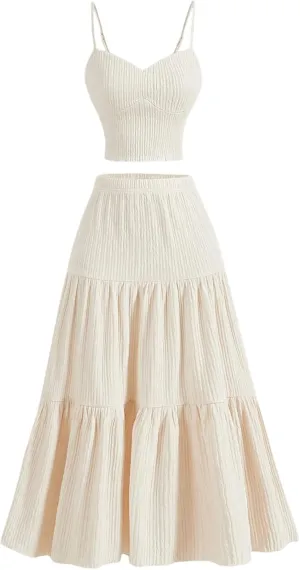 GORGLITTER Women's 2 Piece Skirt Sets Textured Cami Top Ruffle Hem Flowy Midi Skirt Outfits