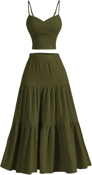 GORGLITTER Women's 2 Piece Skirt Sets Textured Cami Top Ruffle Hem Flowy Midi Skirt Outfits