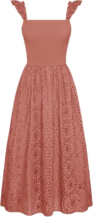 GRACE KARIN Women's 2025 Summer Ruffle Sleeve Midi Dress Square Neck Hollow Out Eyelet Smocked Beach Long Dress with Pockets