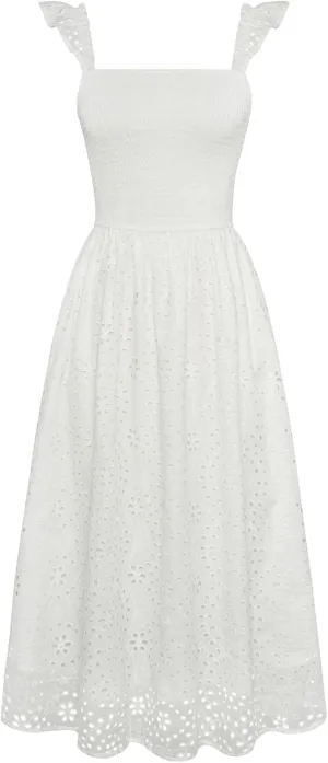 GRACE KARIN Women's 2025 Summer Ruffle Sleeve Midi Dress Square Neck Hollow Out Eyelet Smocked Beach Long Dress with Pockets