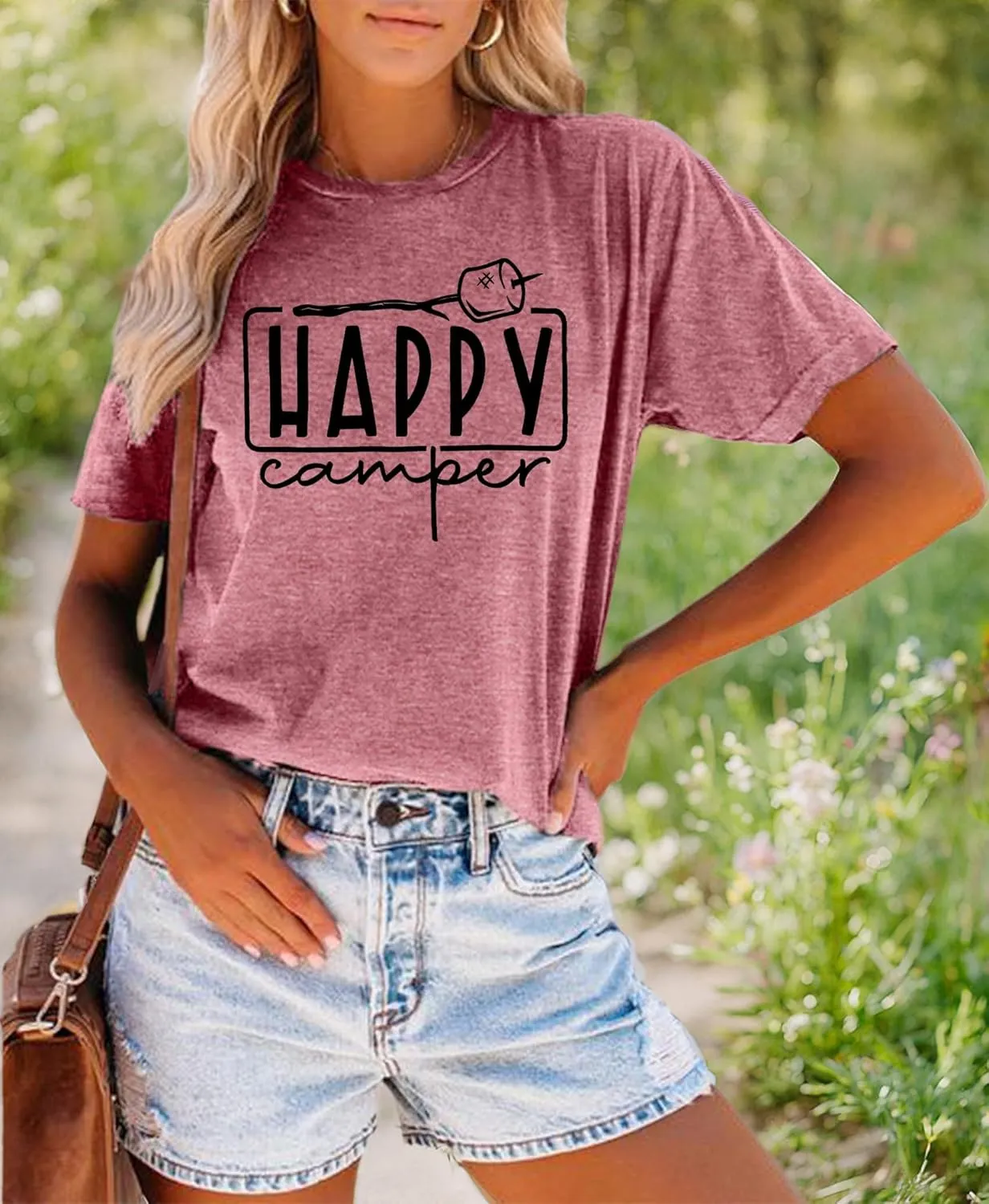 Happy Camper Shirts Womens Marshmallow Graphic Shirts Camping Casual Summer Tee Tops