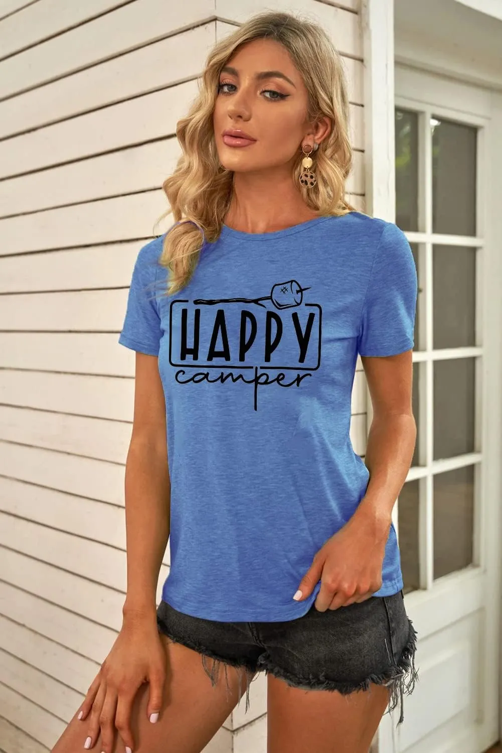 Happy Camper Shirts Womens Marshmallow Graphic Shirts Camping Casual Summer Tee Tops