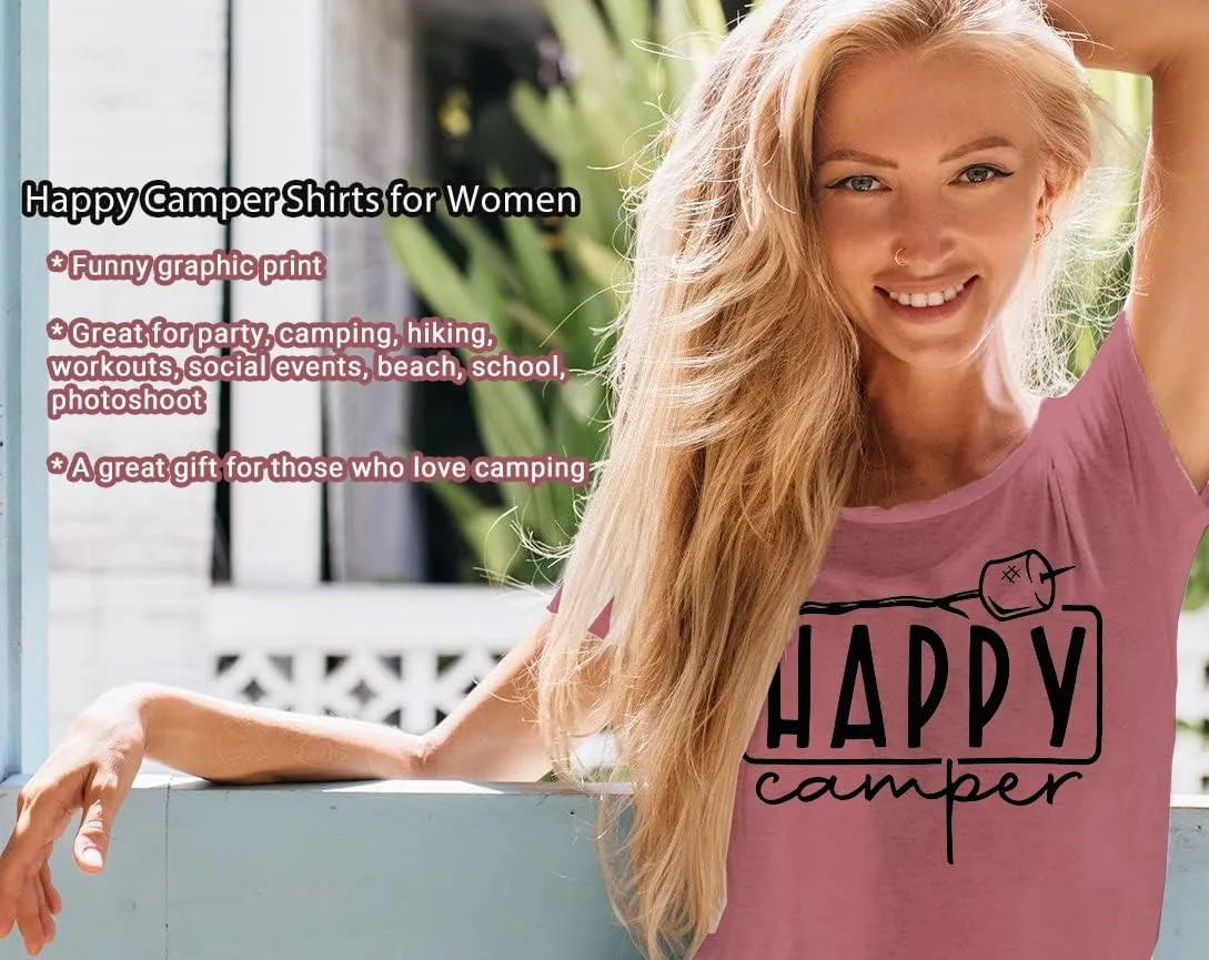 Happy Camper Shirts Womens Marshmallow Graphic Shirts Camping Casual Summer Tee Tops