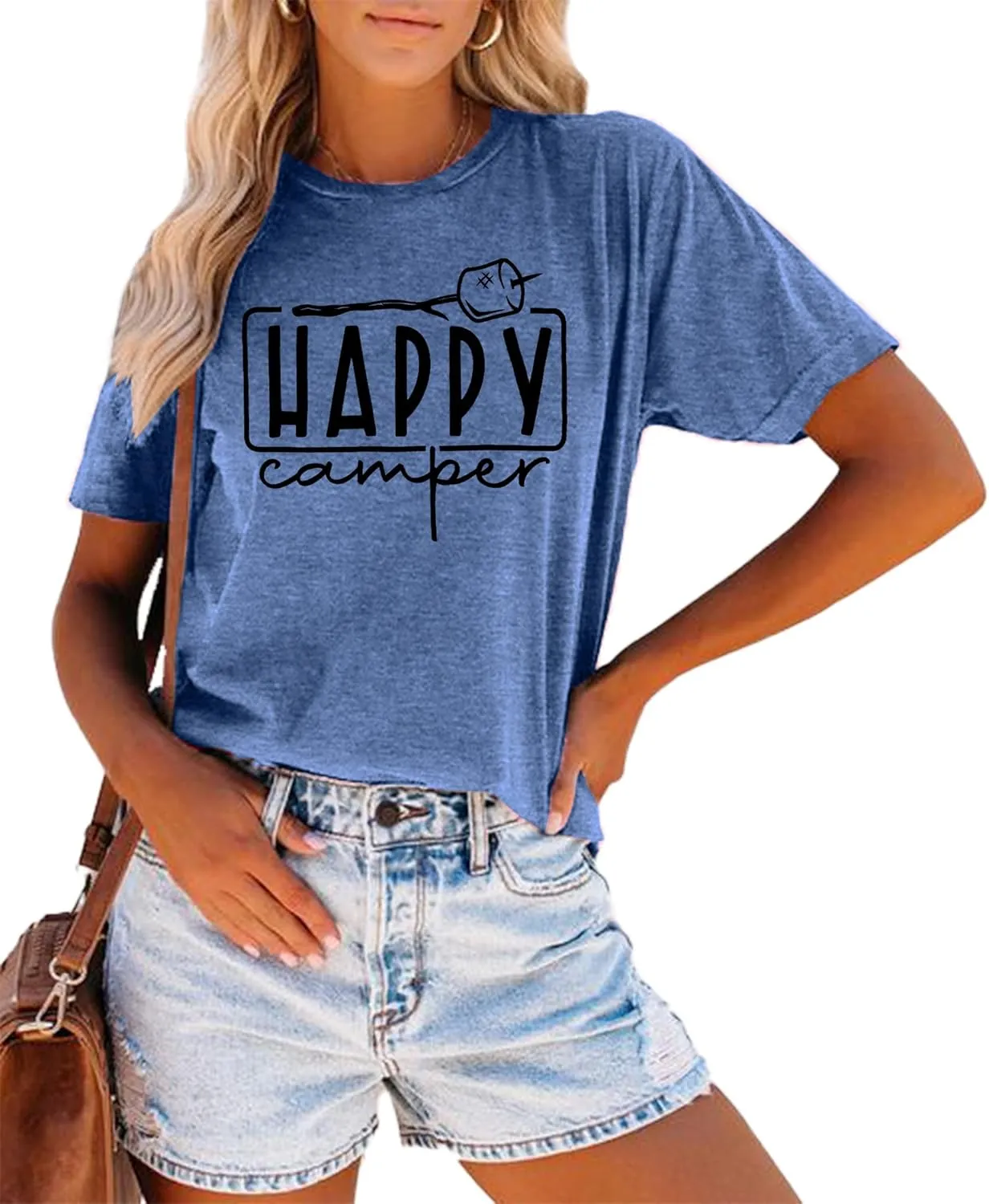 Happy Camper Shirts Womens Marshmallow Graphic Shirts Camping Casual Summer Tee Tops