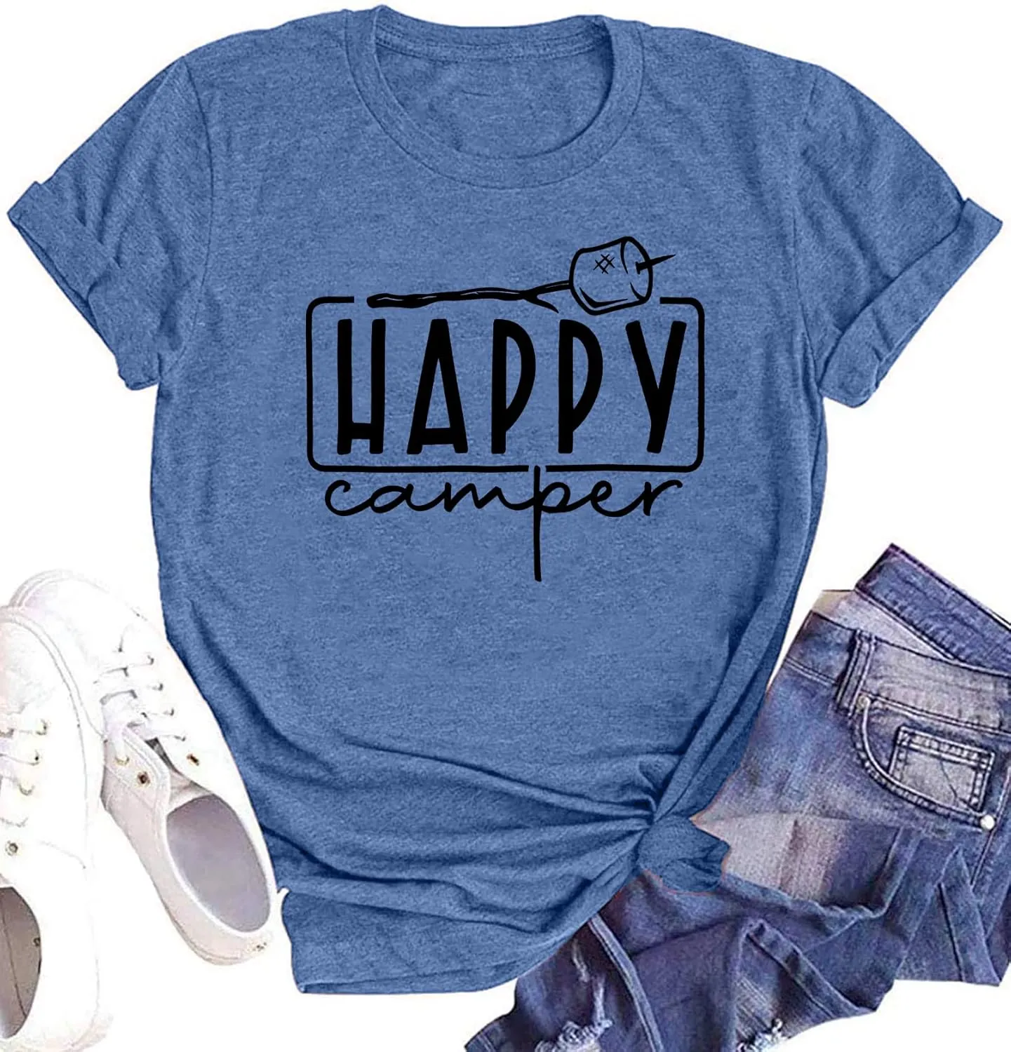 Happy Camper Shirts Womens Marshmallow Graphic Shirts Camping Casual Summer Tee Tops
