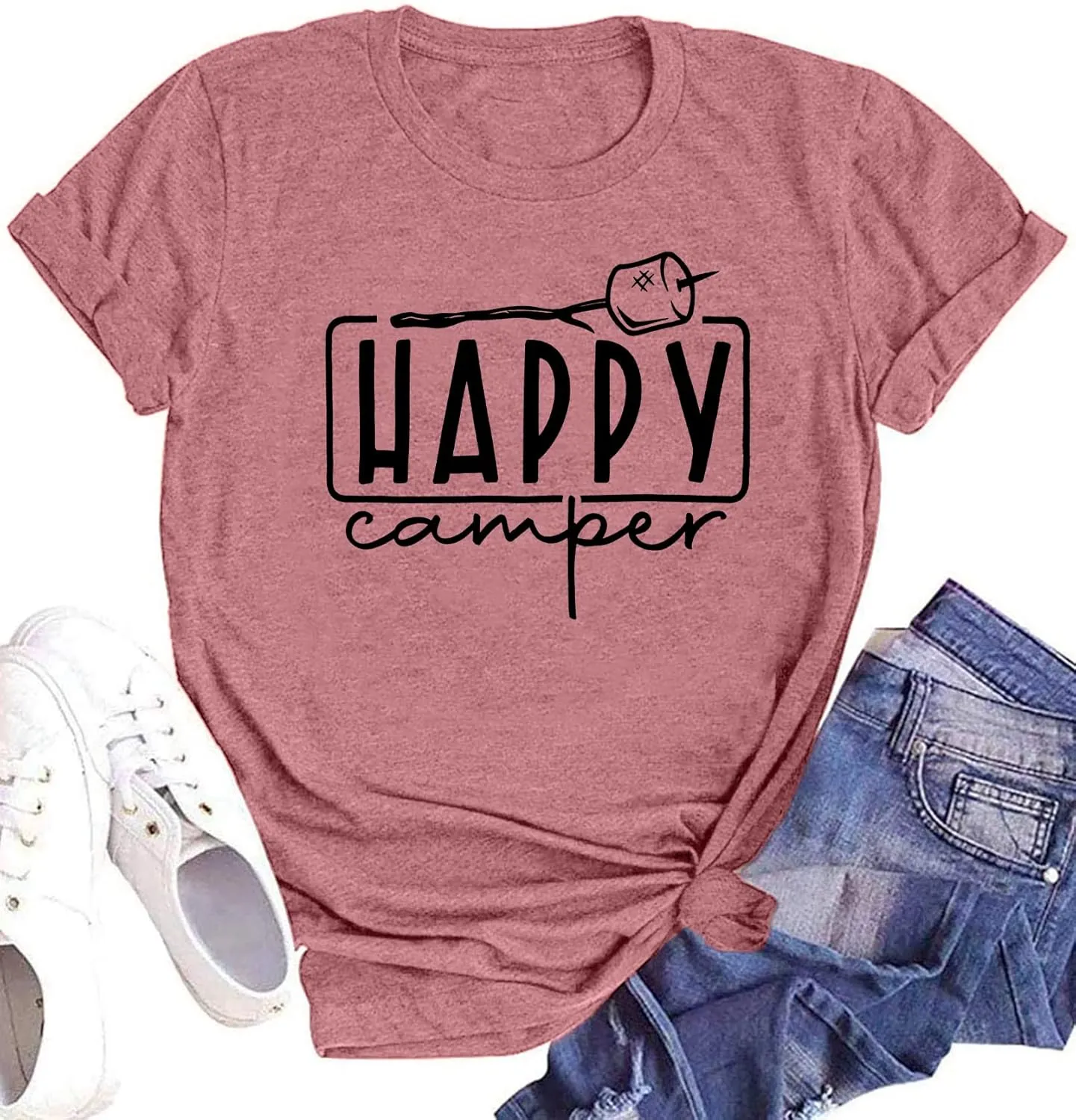 Happy Camper Shirts Womens Marshmallow Graphic Shirts Camping Casual Summer Tee Tops