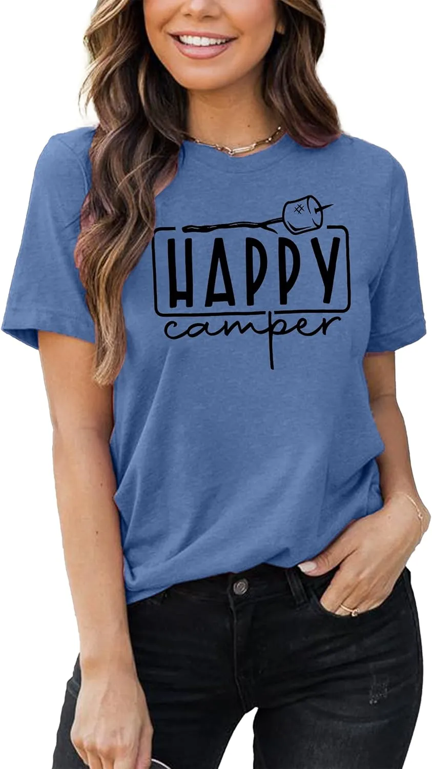 Happy Camper Shirts Womens Marshmallow Graphic Shirts Camping Casual Summer Tee Tops