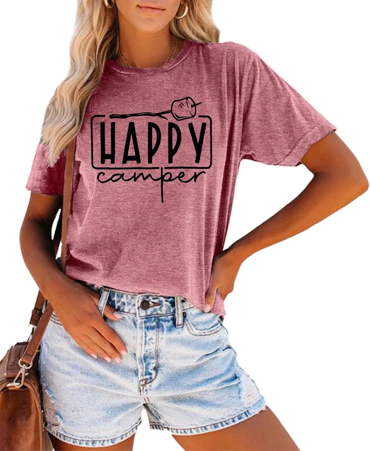 Happy Camper Shirts Womens Marshmallow Graphic Shirts Camping Casual Summer Tee Tops