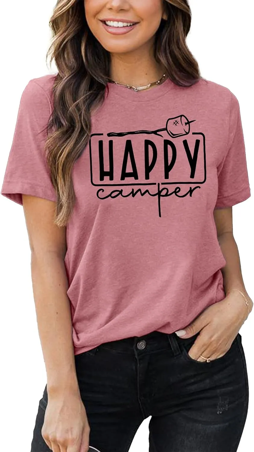 Happy Camper Shirts Womens Marshmallow Graphic Shirts Camping Casual Summer Tee Tops