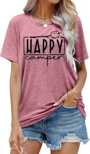 Happy Camper Shirts Womens Marshmallow Graphic Shirts Camping Casual Summer Tee Tops