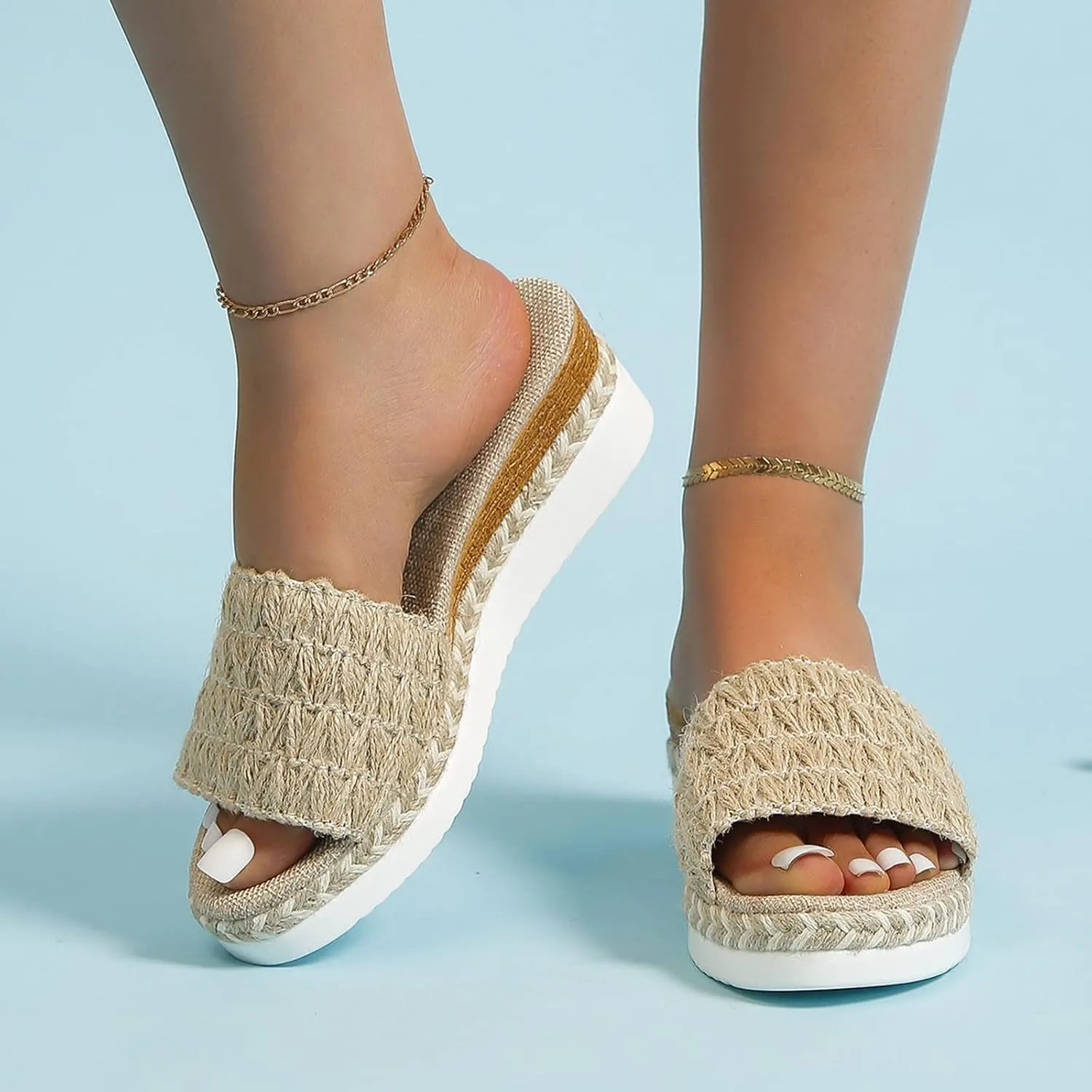 Hbeylia Orthopedic Wedge Slides for Women Platform Open Toe Slip On Jute Wrapped Flip Flops Womens Wedge Sandals Concise Casual Summer Comfortable Beach Slipper Walking Shoes