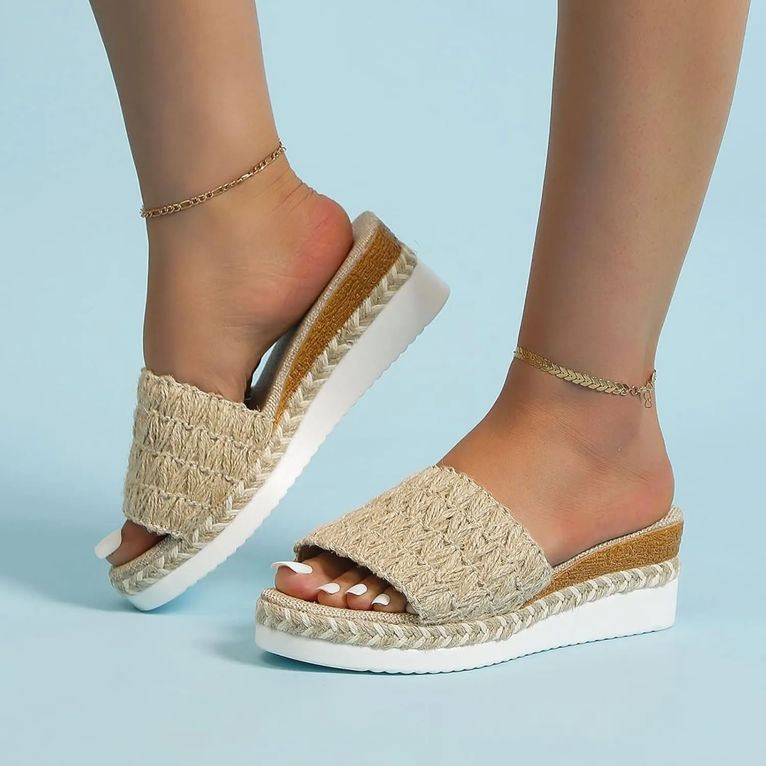Hbeylia Orthopedic Wedge Slides for Women Platform Open Toe Slip On Jute Wrapped Flip Flops Womens Wedge Sandals Concise Casual Summer Comfortable Beach Slipper Walking Shoes